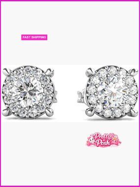 18k White Gold-Plated Halo Stud Earrings with Simulated Diamond Crystals